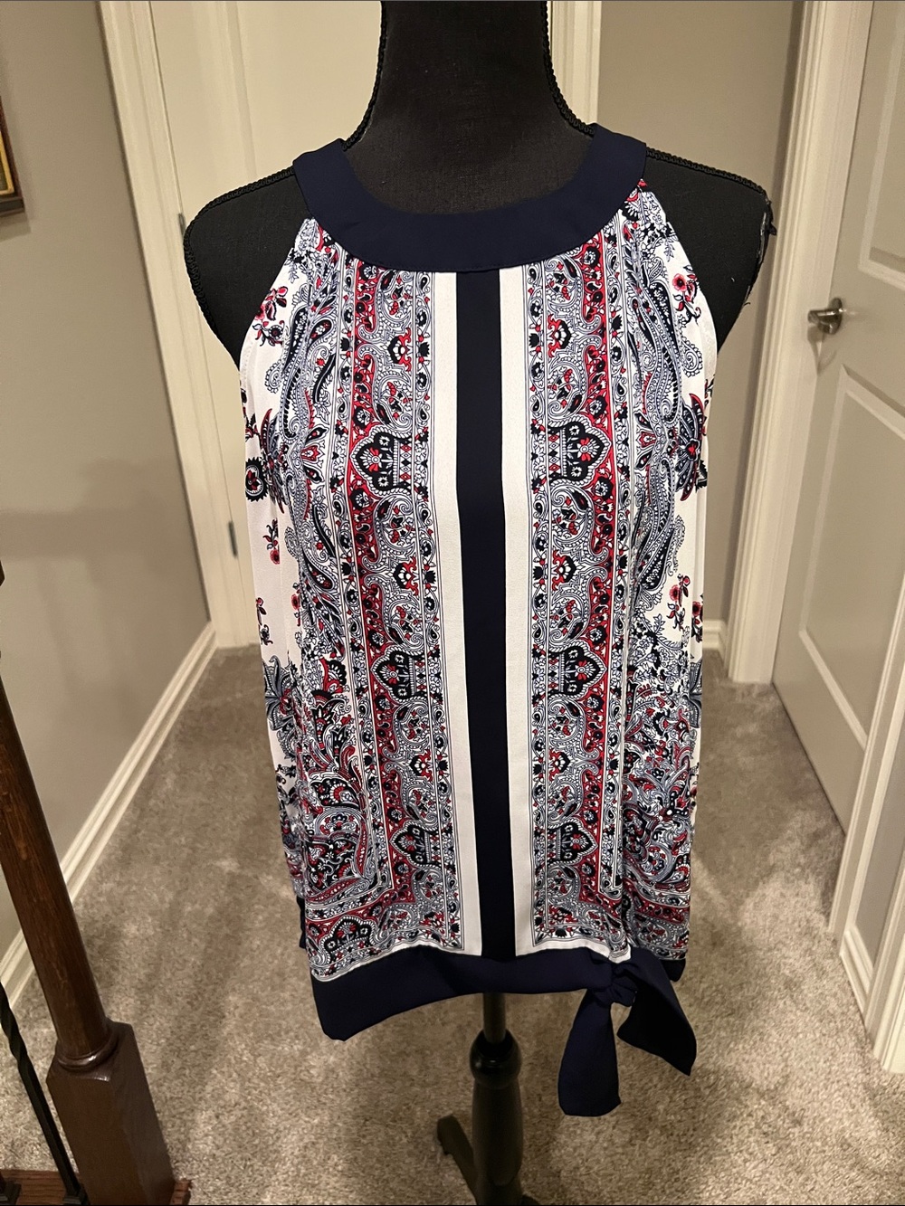 Soho Navy White Red Paisley Tie-Hem Halter Blouse